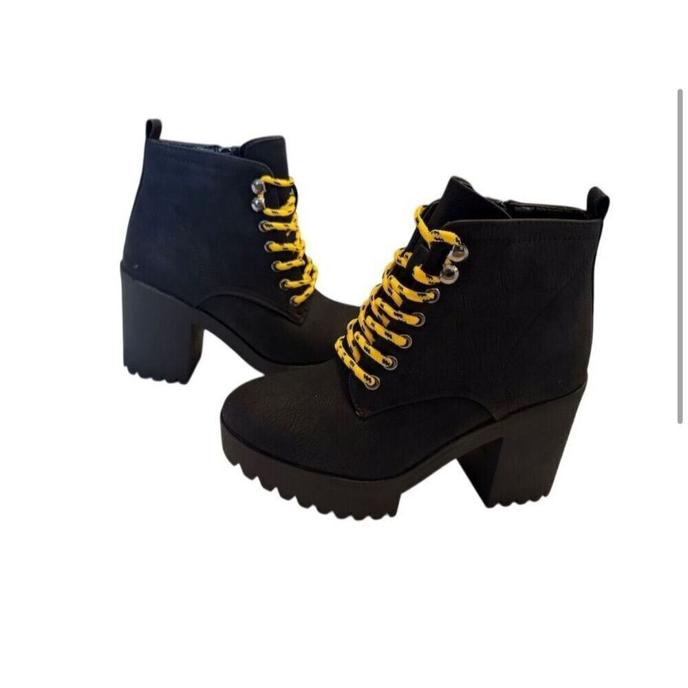 Black Platform Lace-Up Ankle Boots with Yellow Laces - Picture 4 of 9